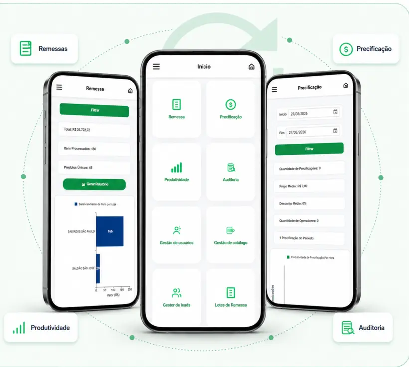 Telas mobile do GiraReturns para remessas, início e precificação